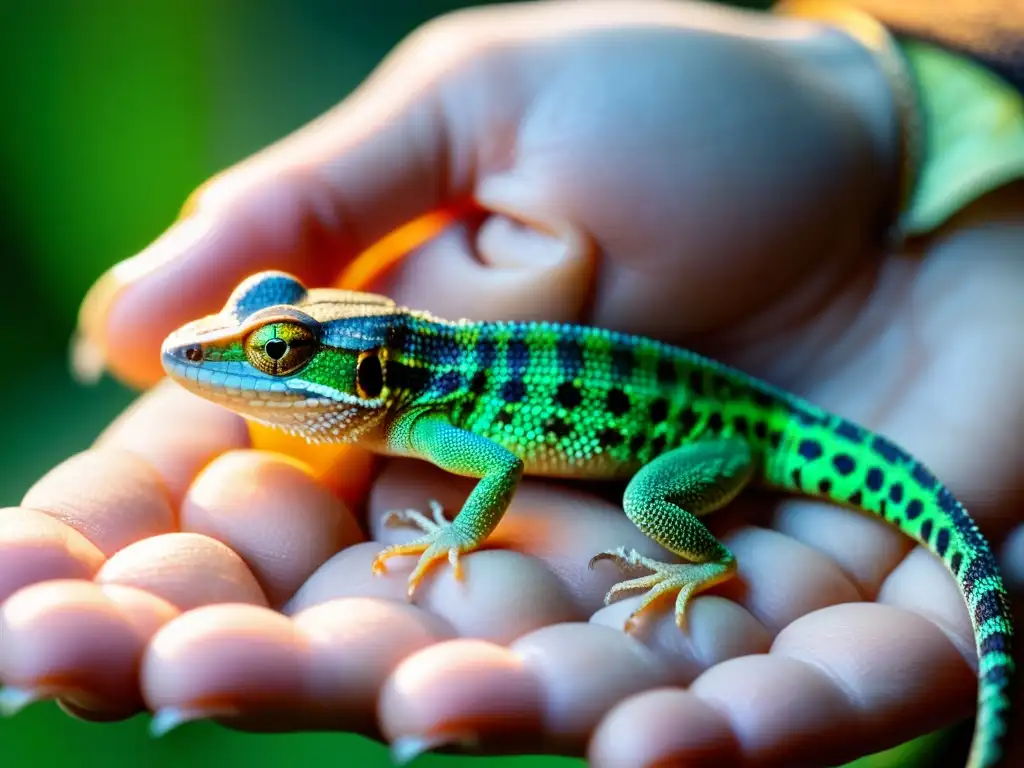 Una persona sostiene con confianza a un pequeño reptil, desarrollando una relación íntima