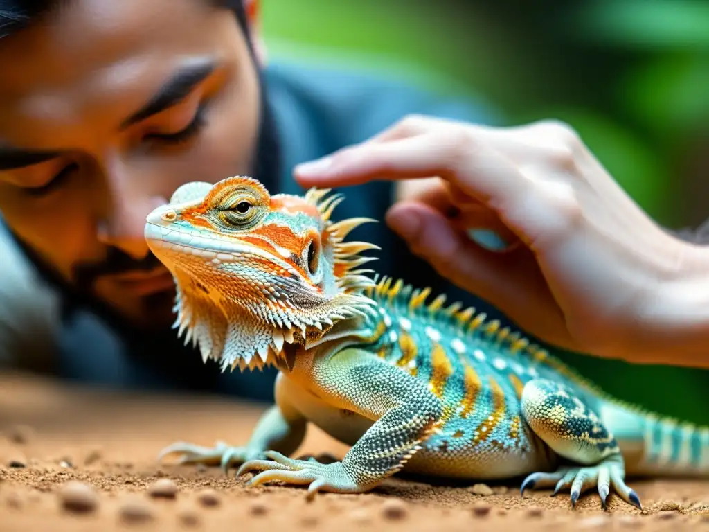 Persona acariciando con confianza a un dragón barbudo, desarrollando relación y confianza mascota reptil en un entorno natural y armonioso