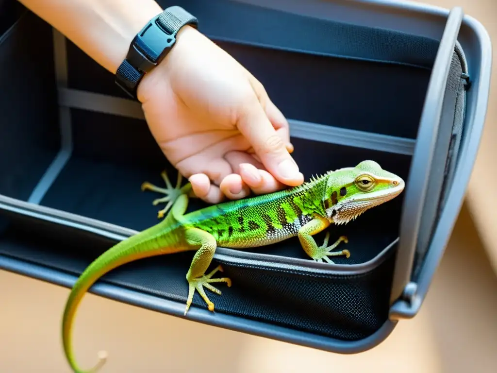 Una persona transporta con cuidado un lagarto en un portador seguro y bien ventilado, con énfasis en la seguridad y el bienestar del animal