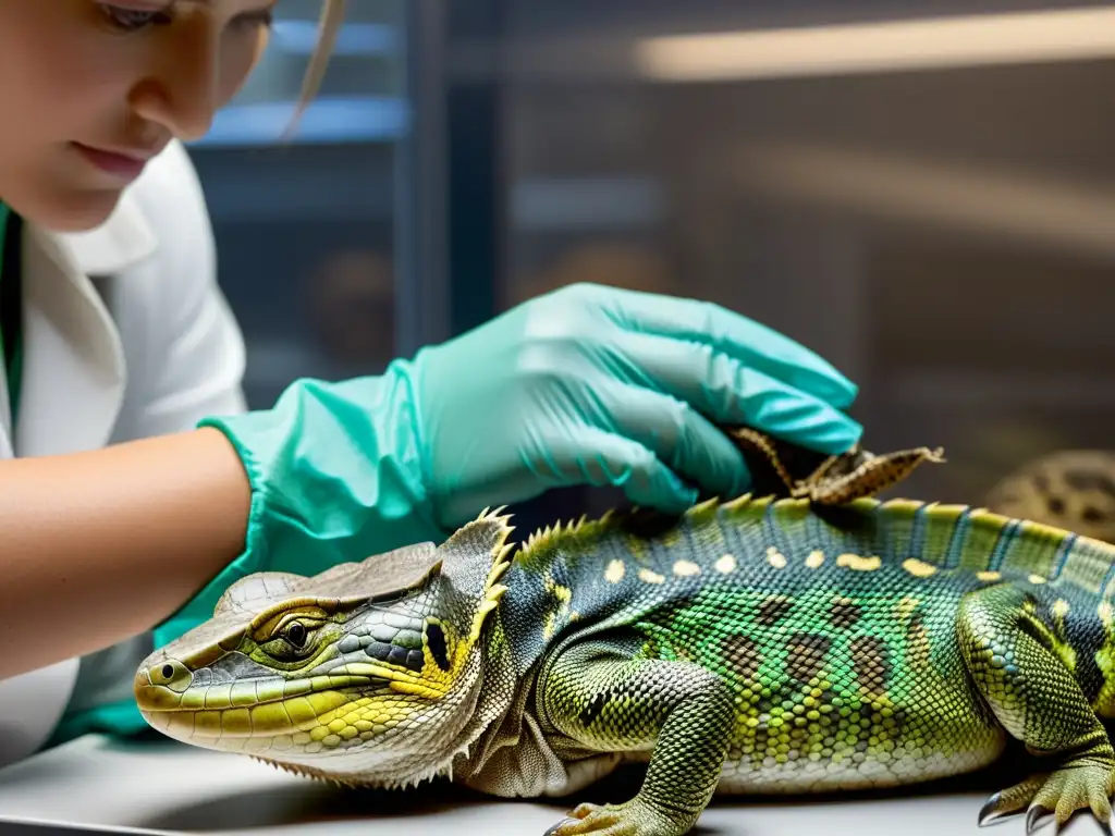 Persona manejando con cuidado reptil no nativo en laboratorio, destacando patrones de escamas y responsabilidades legales manejo reptiles no nativos