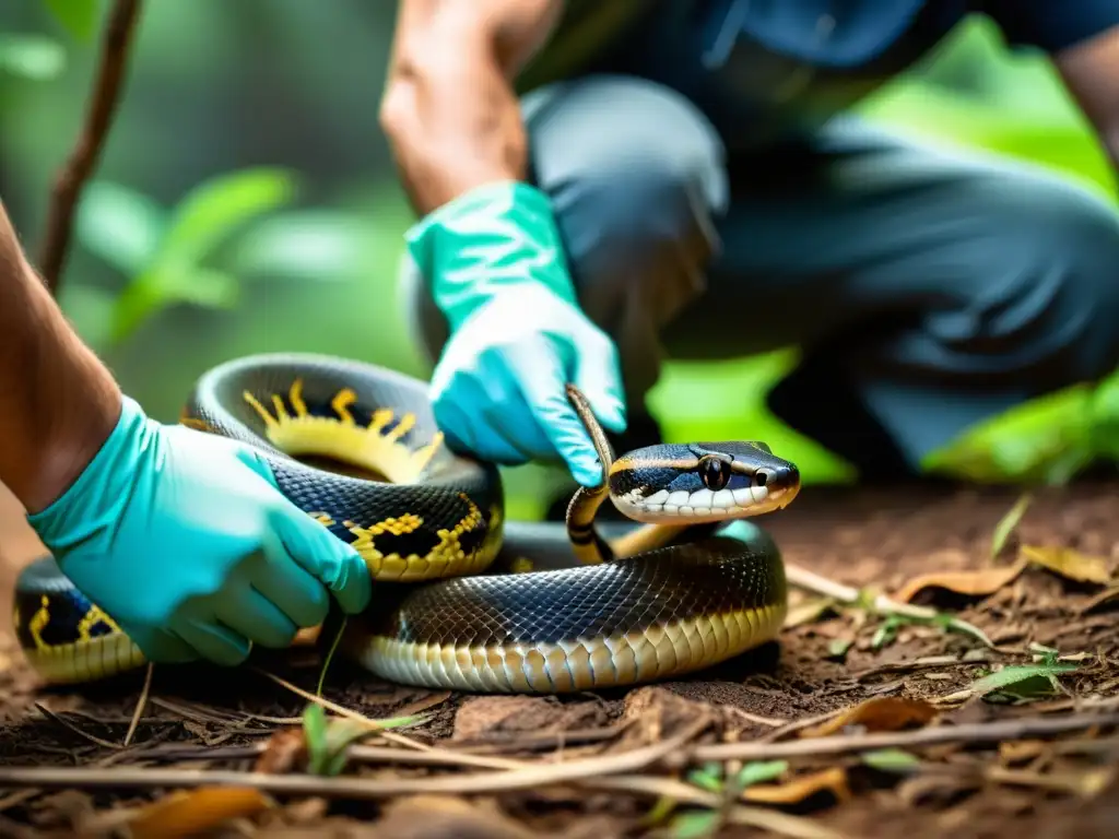 Una persona examina con cuidado a una serpiente no venenosa en un entorno natural, mostrando la relación pacífica entre serpientes y humanos