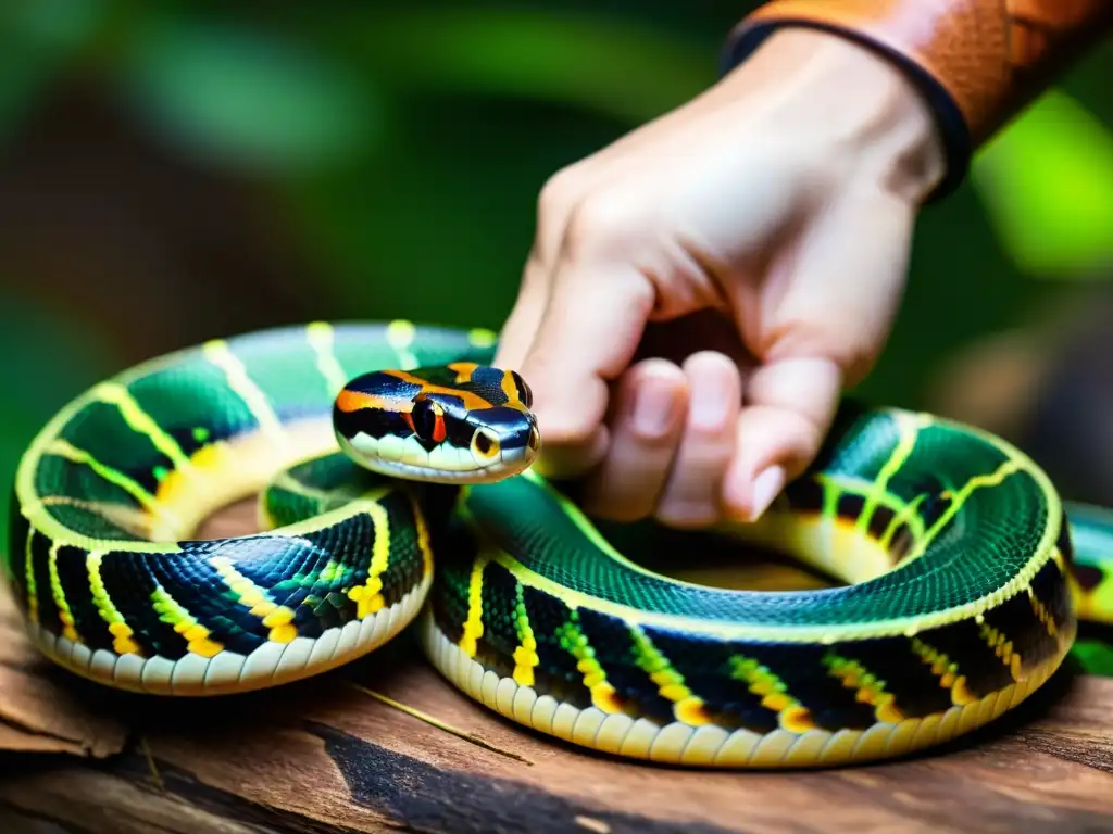 Persona cuidadosa maneja serpiente vibrante