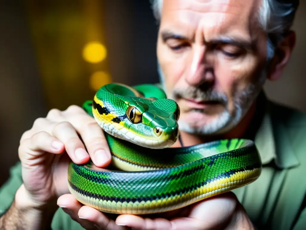 Persona cuidando con empatía a un reptil en convulsiones