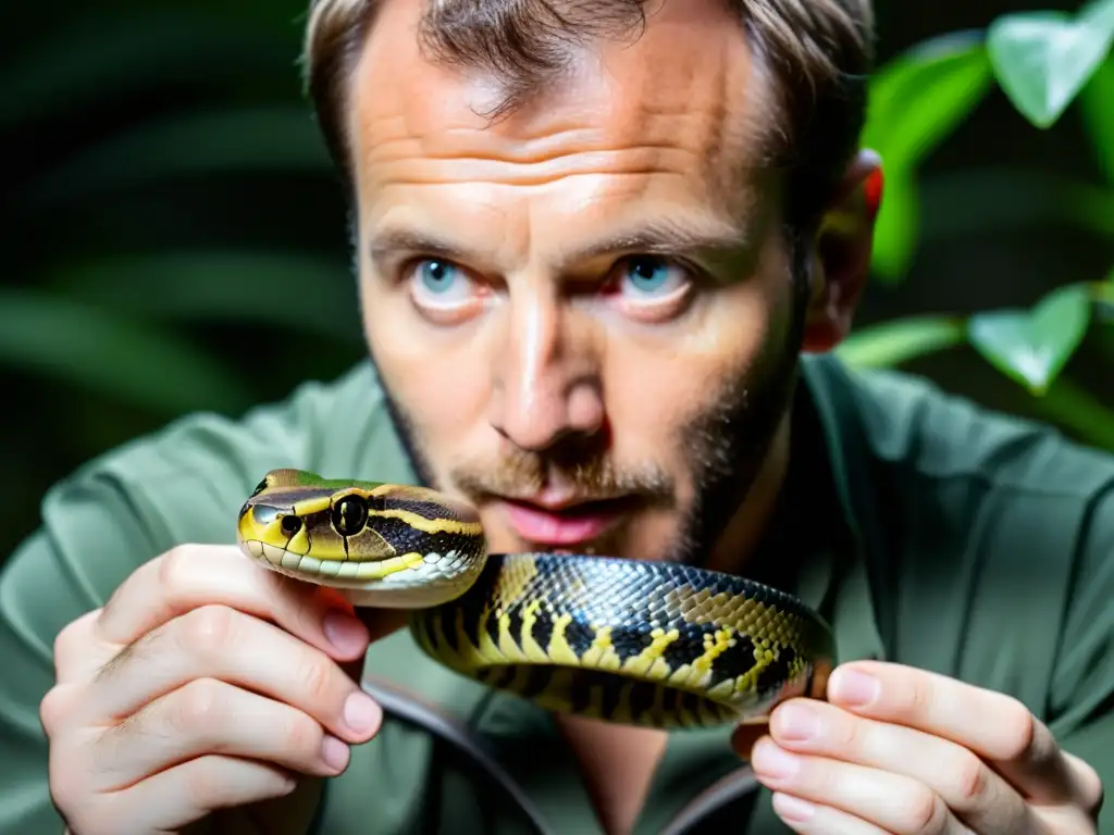 Persona con equipo protector manejando serpiente venenosa, demostrando reacción ante encuentro serpientes venenosas