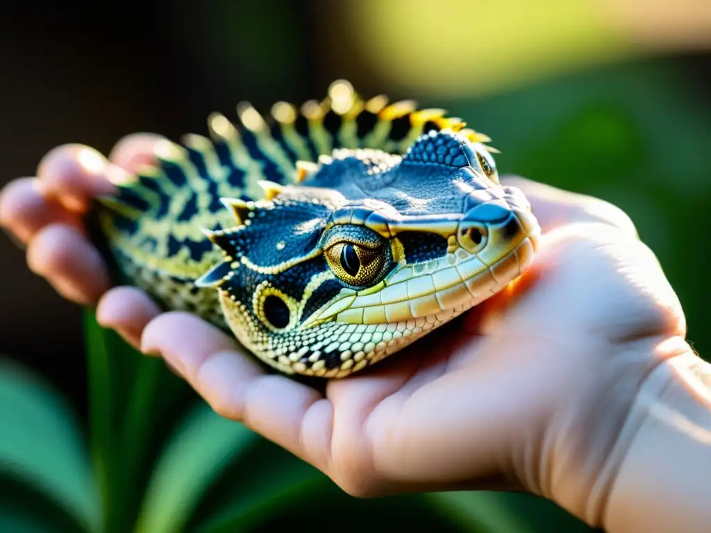 Persona con guante sosteniendo reptil no nativo, resaltando texturas y patrones