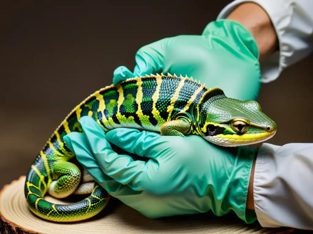 Persona con guantes protegiendo a reptil doméstico para prevenir enfermedades zoonóticas en reptiles