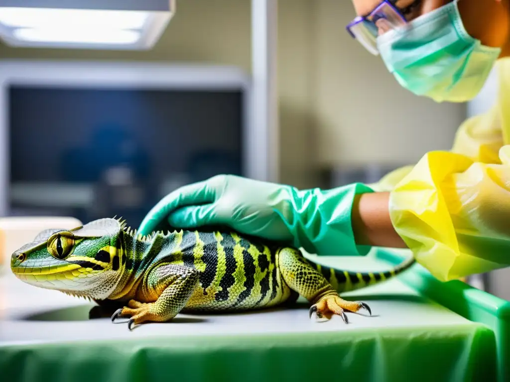 Persona cuidando con guantes a un reptil enfermo en unidad de cuidado para reptiles enfermos en casa