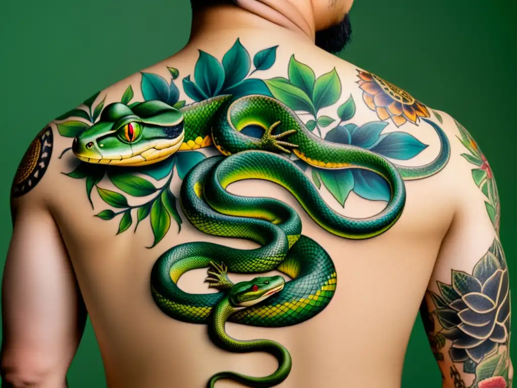 Una persona exhibe impresionantes tatuajes de reptiles y anfibios, cada uno con colores vibrantes y patrones detallados