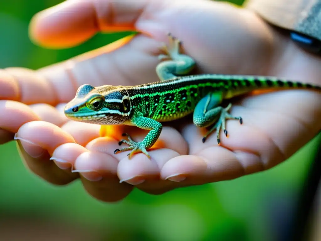 Una persona cuidadosamente sostiene un pequeño lagarto, mostrando responsabilidad y apego