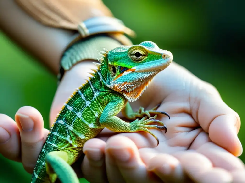 Persona desarrollando relación de confianza con mascota reptil, mostrando detalle y textura de la piel del lagarto en su mano