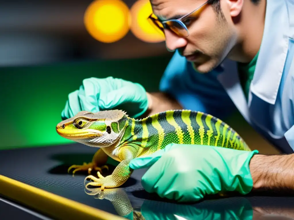 Persona examinando reptil con guantes protectores, destacando escamas y textura de piel