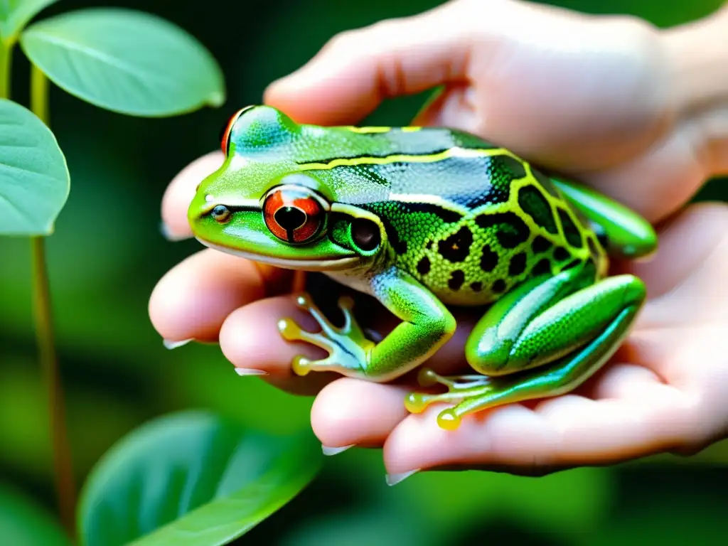 Una persona sujeta con cuidado una rana verde brillante en su mano, mostrando el patrón y la textura de la piel de la rana