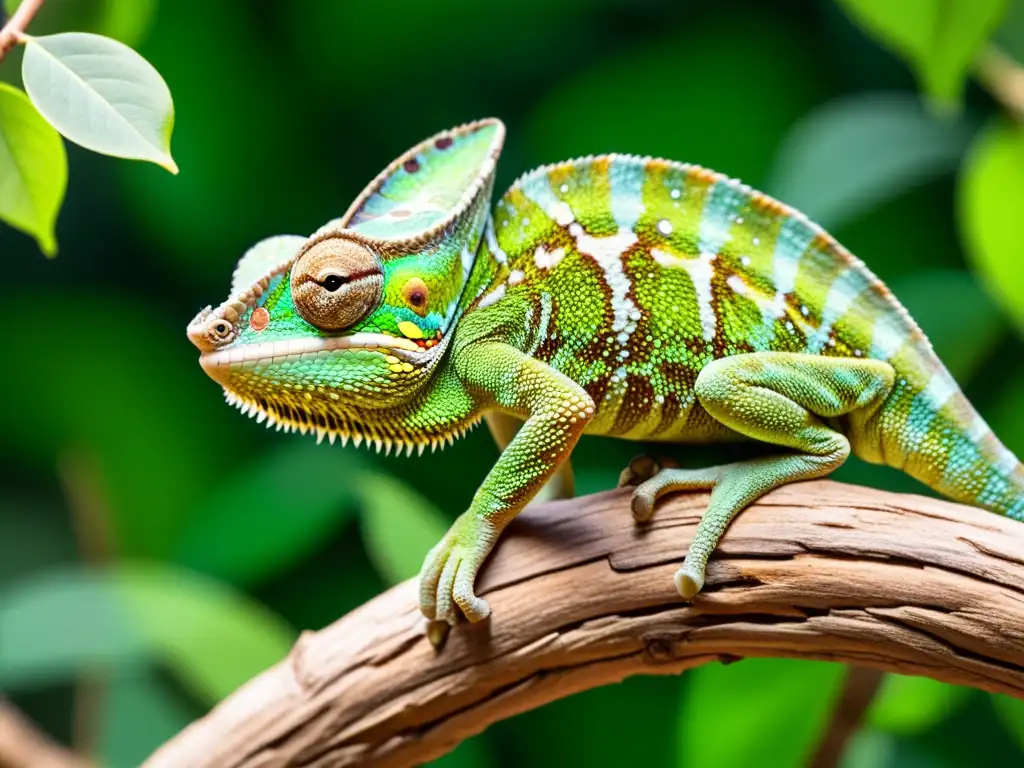 Fotografía de personalidad de reptiles: Detalle de camaleón verde en rama, con escamas y ojos alerta bajo la luz filtrada entre hojas