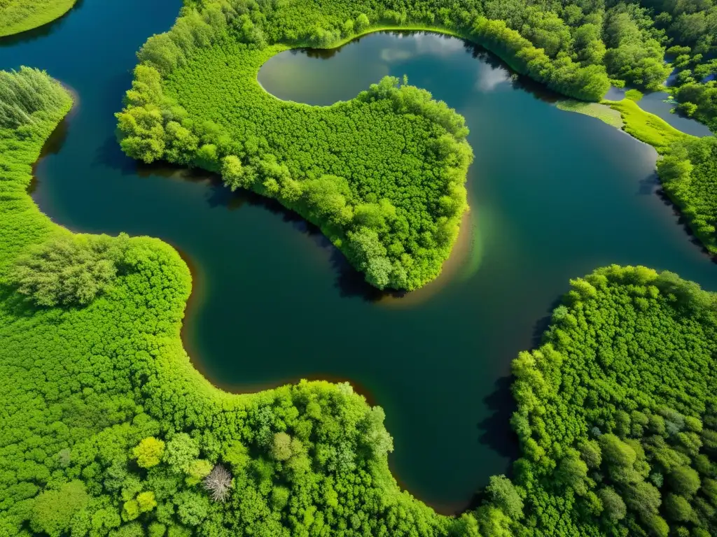 Perspectivas aéreas estudio anfibios: Exuberante humedal con ríos serpenteantes, lagunas y densos bosques, bañados por la luz del sol