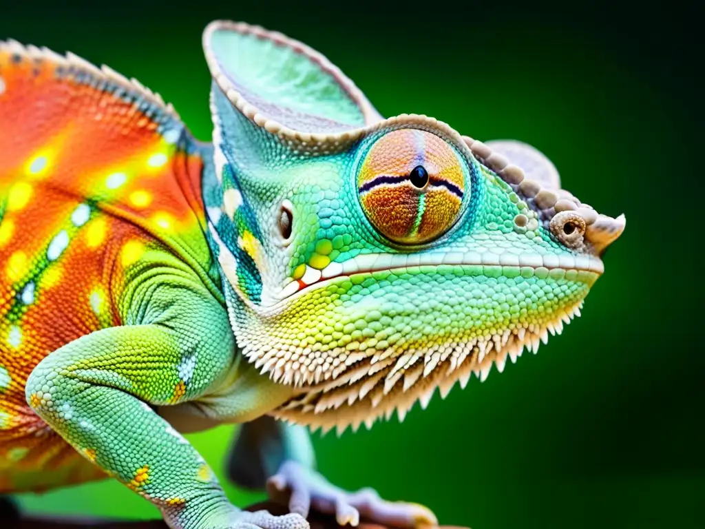 La piel de un camaleón revela sus cambios de color en reptiles, con patrones detallados y colores vibrantes