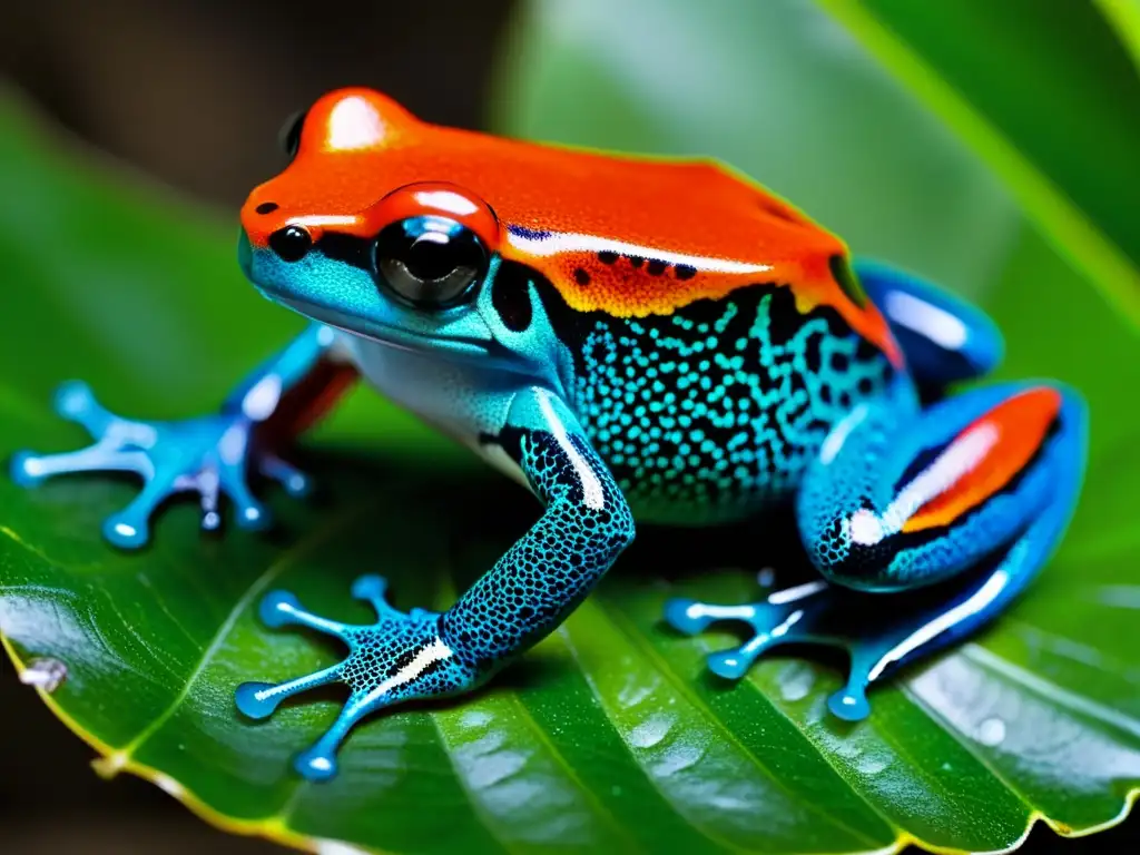 La piel de una rana dardo venenosa muestra sus vibrantes y complejos colores y texturas