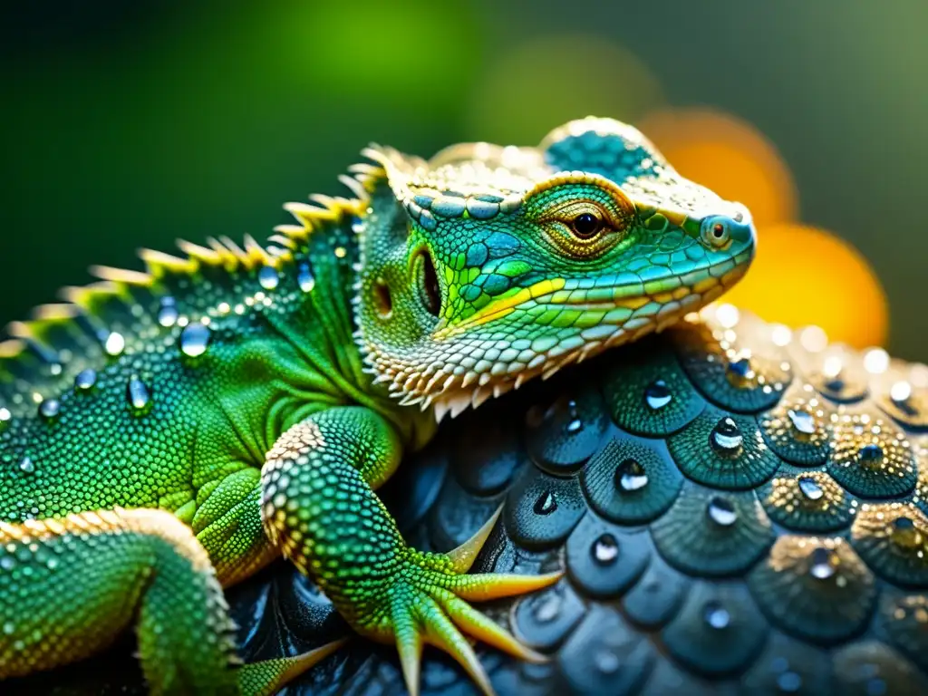 La piel de un reptil sano cubierta de gotas de humedad, resaltando la importancia de la humedad en reptiles para su bienestar