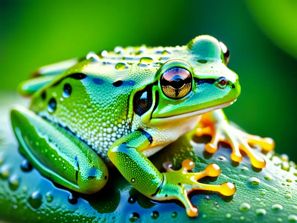 La piel húmeda y saludable de una rana arbórea verde, con gotas de agua brillantes