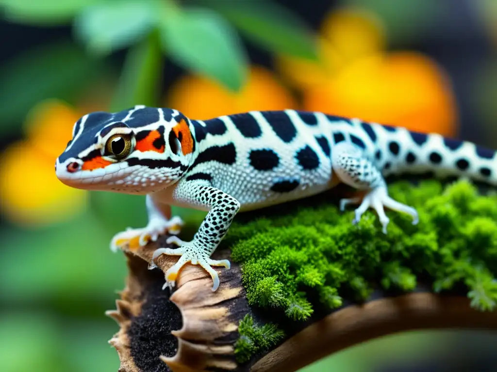 Un gecko leopardo desprende su piel en un terrario, mostrando sus vibrantes colores y texturas