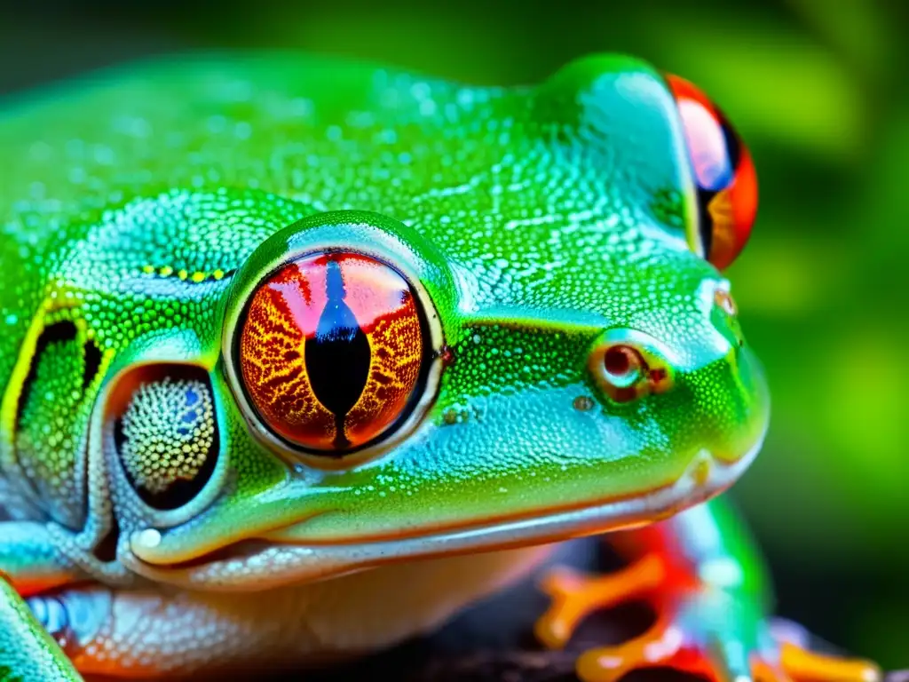 La piel translúcida de una rana arbórea de ojos rojos revela una red de capilares, textura detallada y color verde vibrante