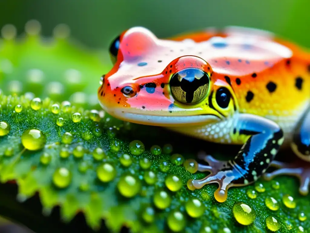 La piel vibrante de un anfibio sano sobre musgo verde, con gotas de agua