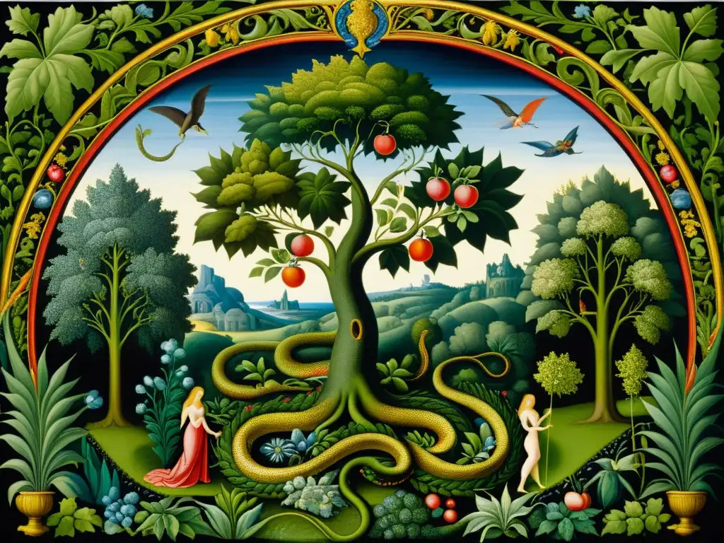 Una pintura medieval detallada del Jardín del Edén, con el foco en la serpiente tentando a Adán y Eva