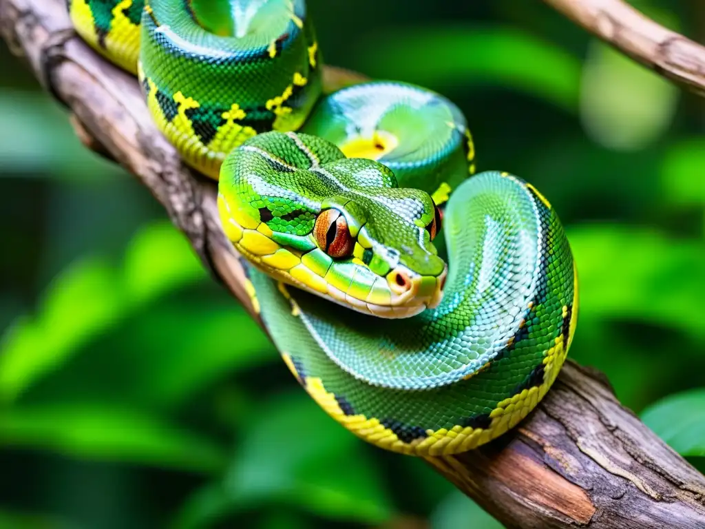 Un pitón arborícola verde se enrosca alrededor de una rama en la selva tropical