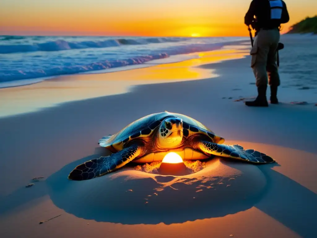 Una playa al atardecer donde una tortuga anida mientras voluntarios protegen el nido del peligro aumento nivel mar tortugas