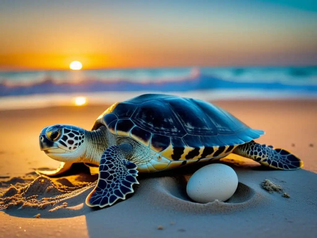 Tortuga marina anidando en la playa con la luna iluminando la escena