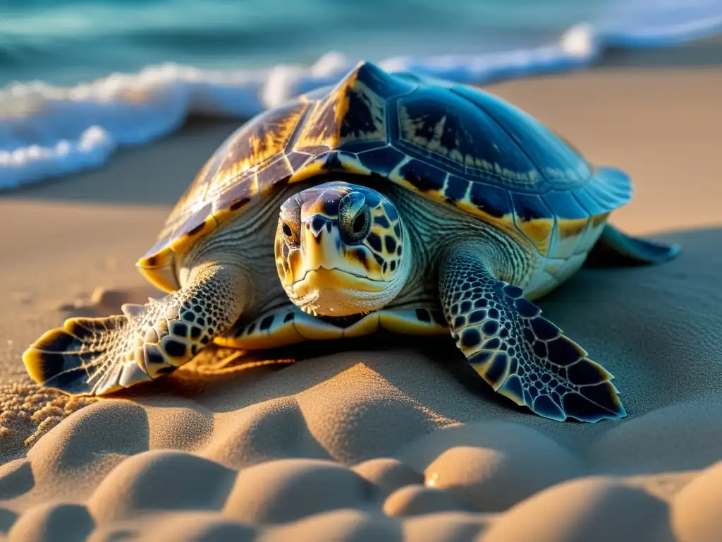 Una tortuga carey anida en la playa de noche, bajo la luz de la luna