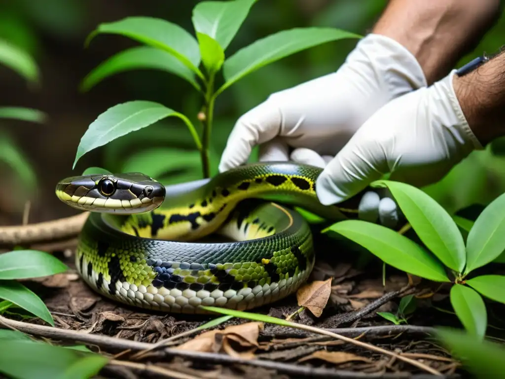 Con precisión, el investigador aplica dispositivo de seguimiento a serpiente en su hábitat, mostrando técnicas avanzadas