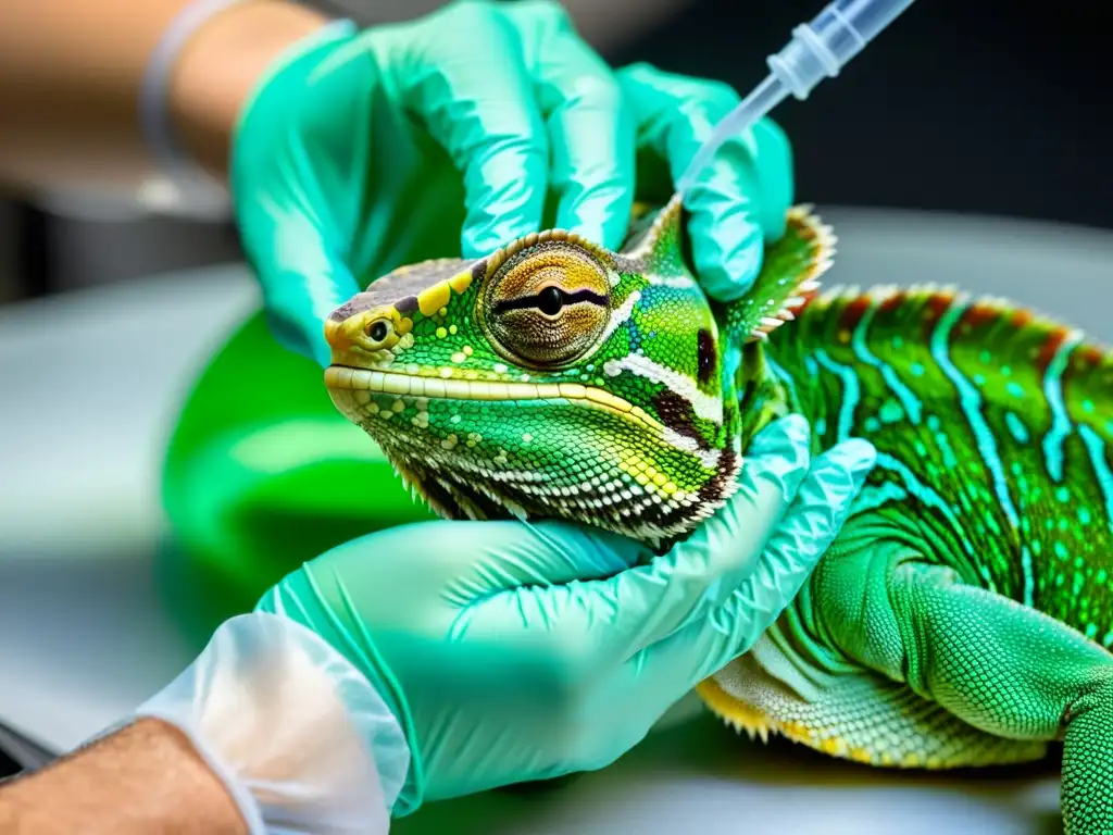 Veterinario aplica con precisión nuevos medicamentos control parásitos reptiles a un camaleón verde en clínica veterinaria