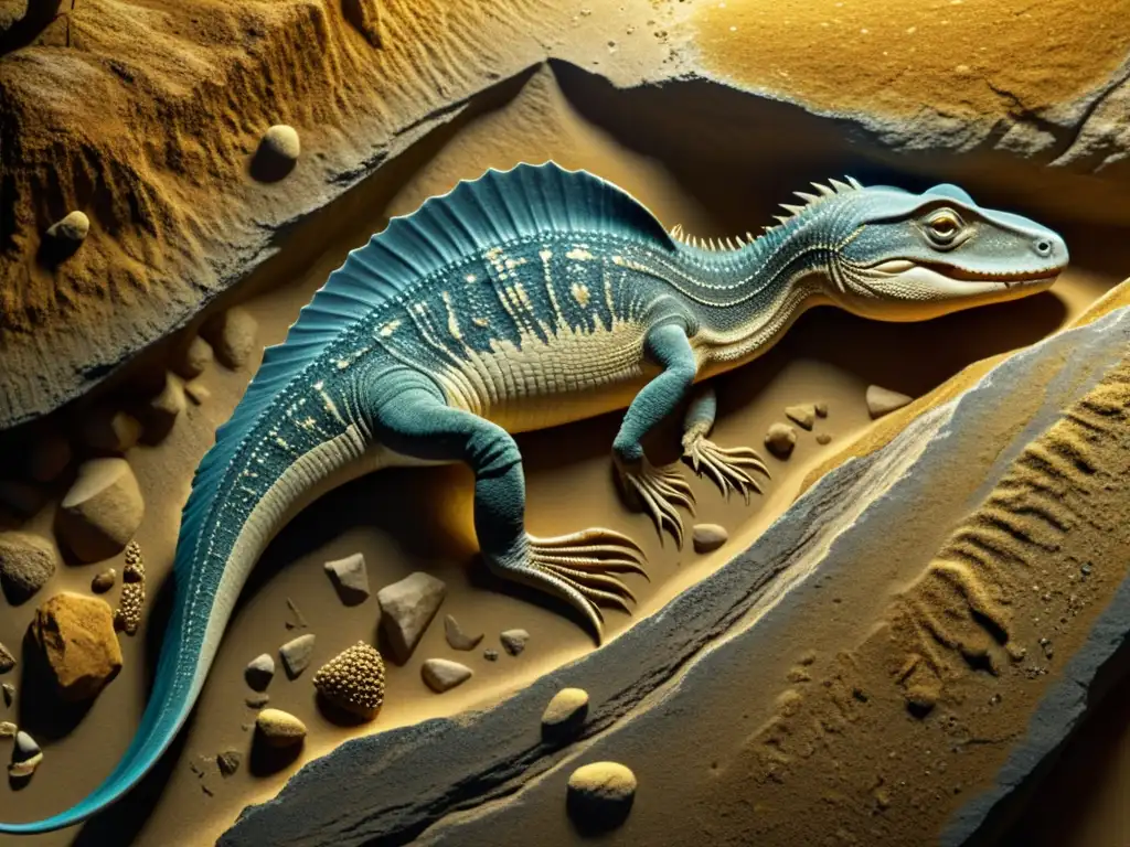 Fósil de reptil marino prehistórico en roca sedimentaria, evocando la evolución reptiles marinos genoma en un mundo antiguo y misterioso