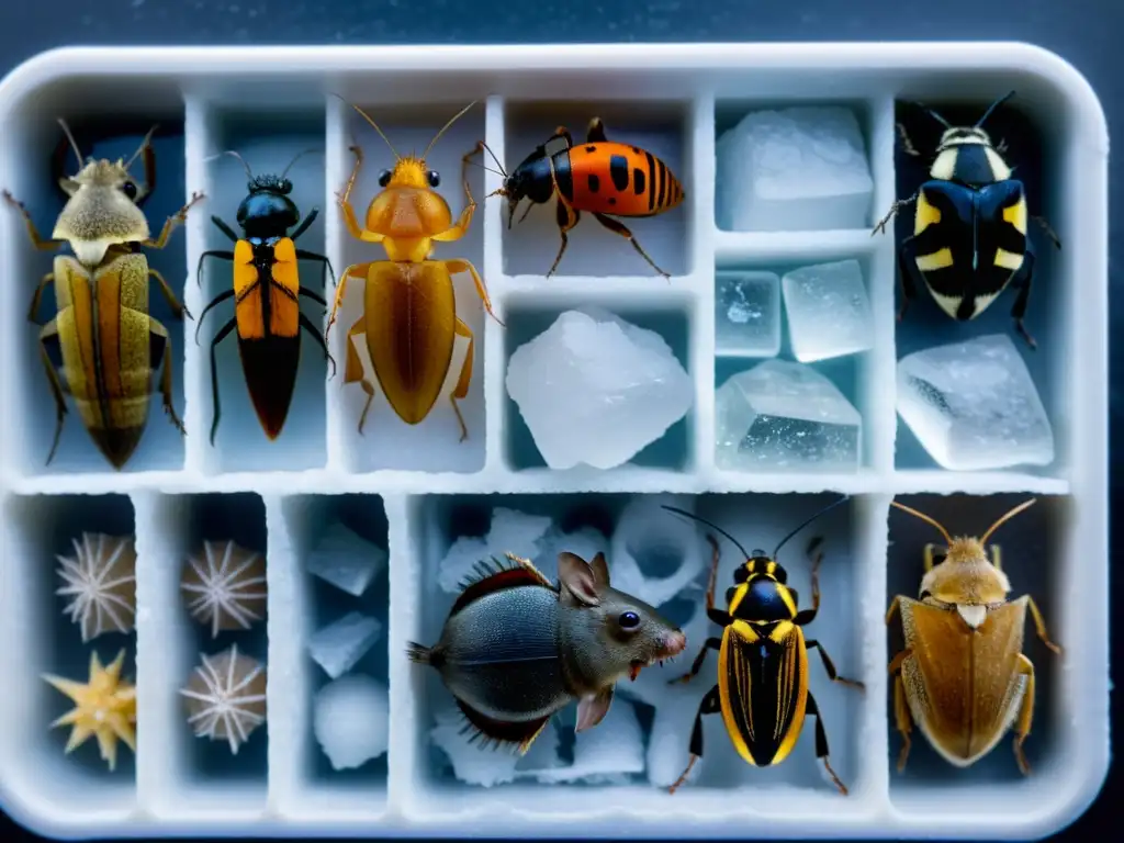 Preparación de alimentos congelados para reptiles: variedad de roedores e insectos congelados en bandeja, destacando texturas y detalles