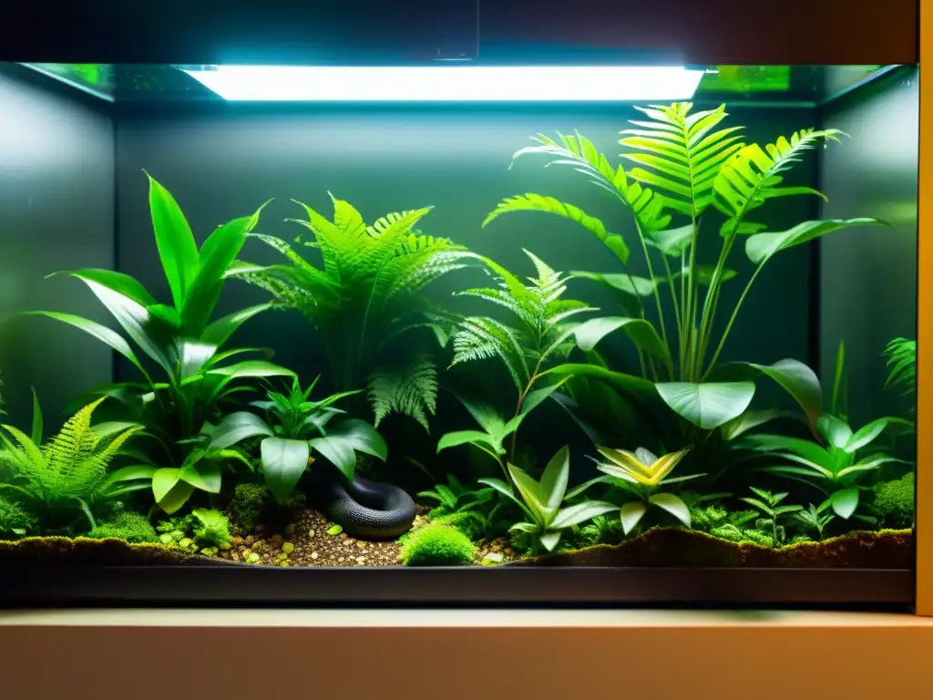 Preparativos terrario serpiente hábitat perfecto: Imagen ultra detallada de un exuberante terrario tropical, con plantas vibrantes y una serpiente en su rama, creando un ambiente natural y tranquilo