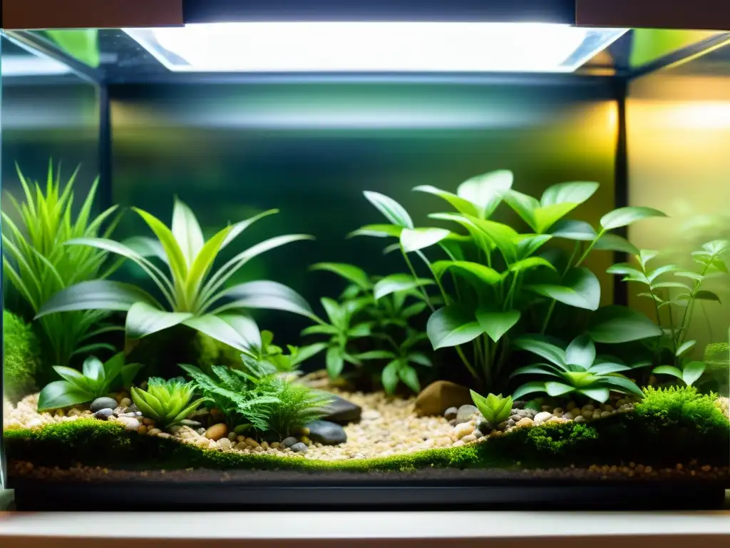 Preparativos para un terrario de serpiente: un hábitat perfecto con plantas verdes y rama natural, iluminado para resaltar los detalles