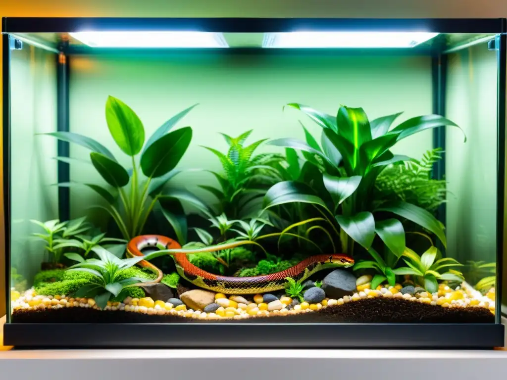 Preparativos para un terrario de serpiente: un hábitat perfecto con exuberante vegetación donde una serpiente de maíz se desliza entre ramas y plantas