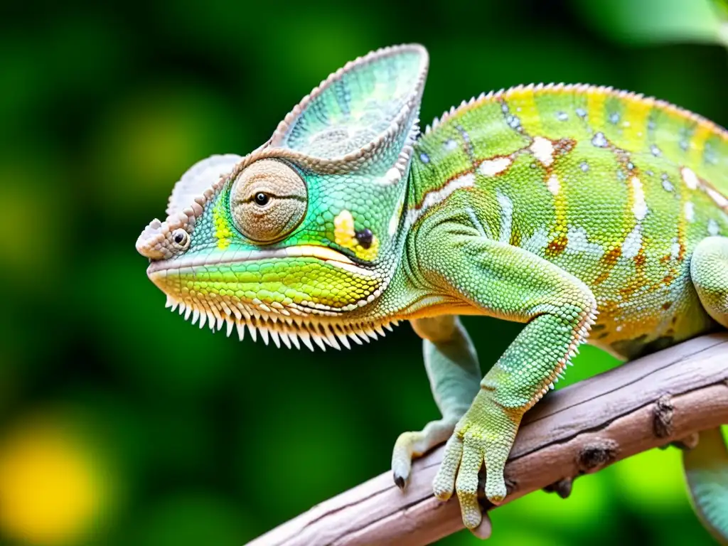 Un camaleón en primer plano, con colores vibrantes y textura detallada, se adapta a su entorno