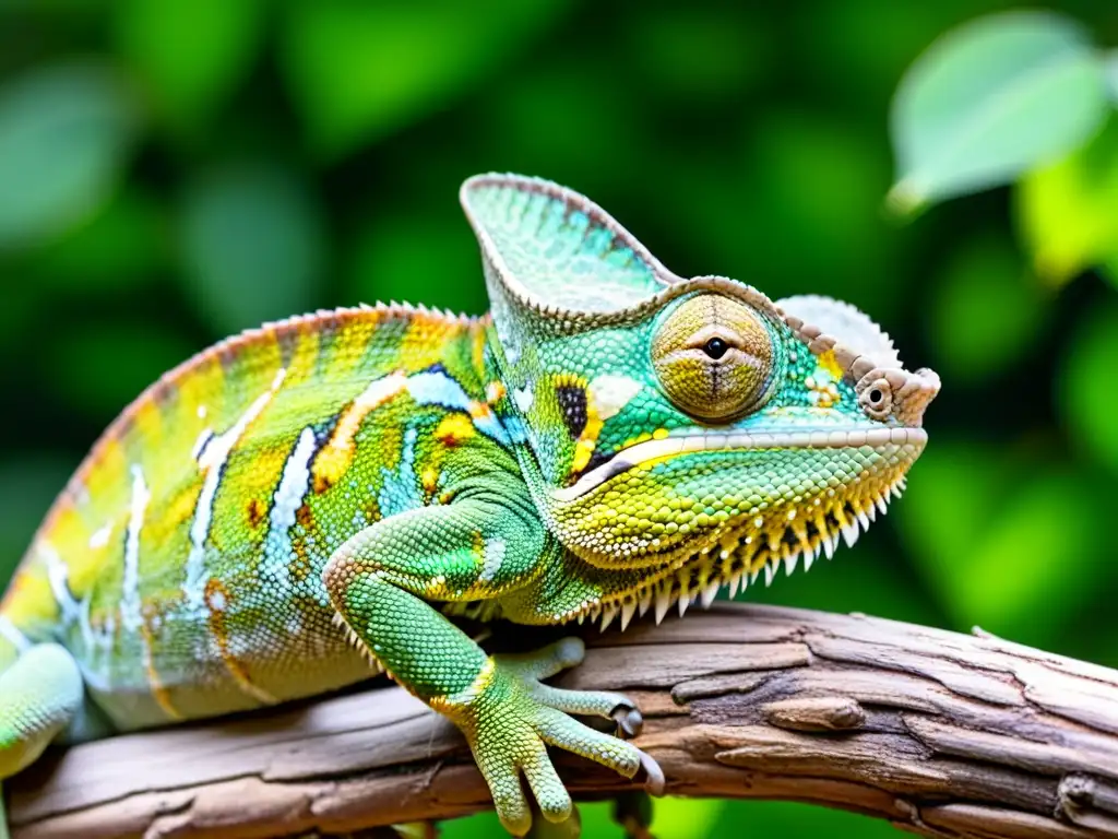 Un camaleón en primer plano, con escamas verdes y amarillas, perfectamente camuflado en una rama