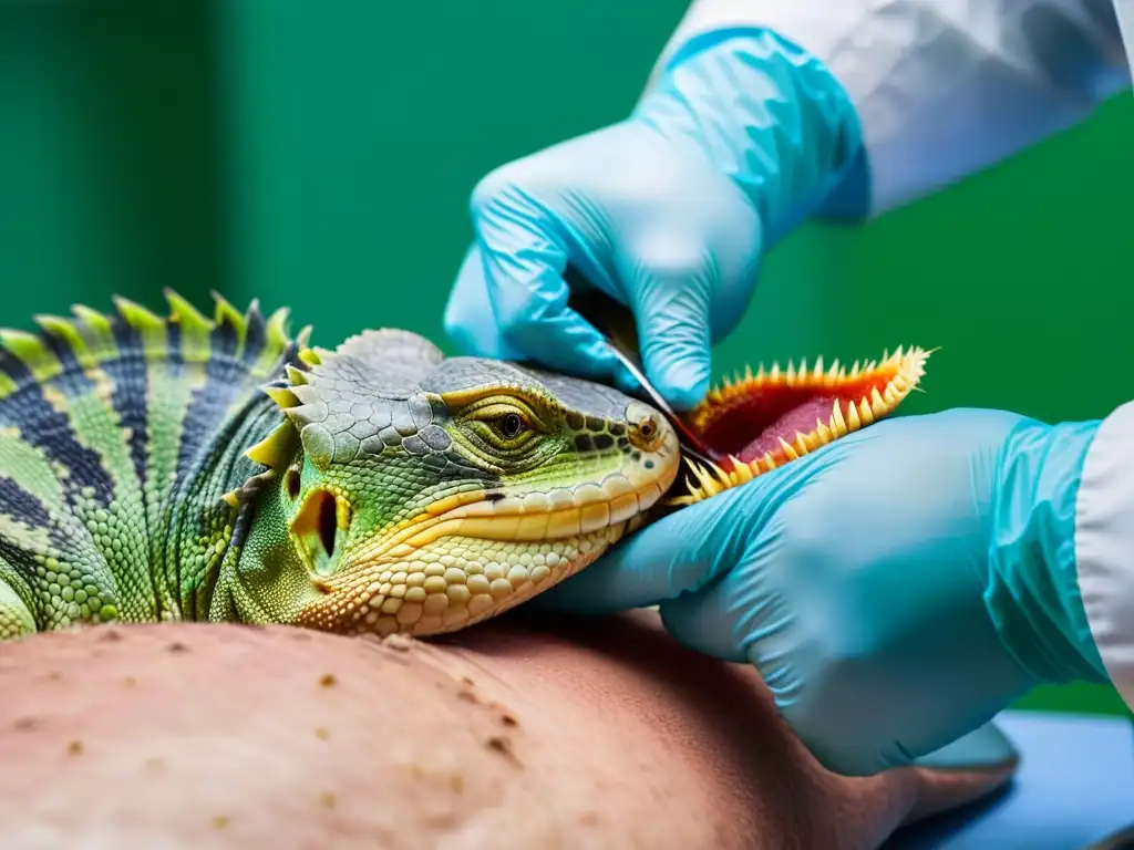 Procedimiento meticuloso de curación de abscesos en reptiles, mostrando la precisión y concentración del veterinario