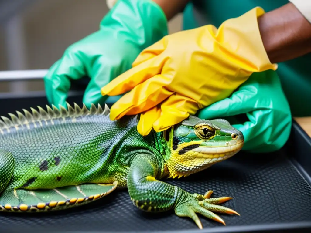 Profesional maneja reptil con técnicas seguras para transporte