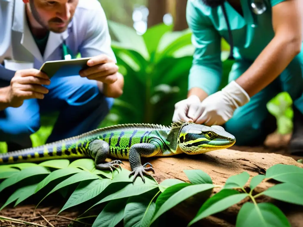 Profesionales examinan detalladamente un reptil silvestre, rodeados de exuberante vegetación