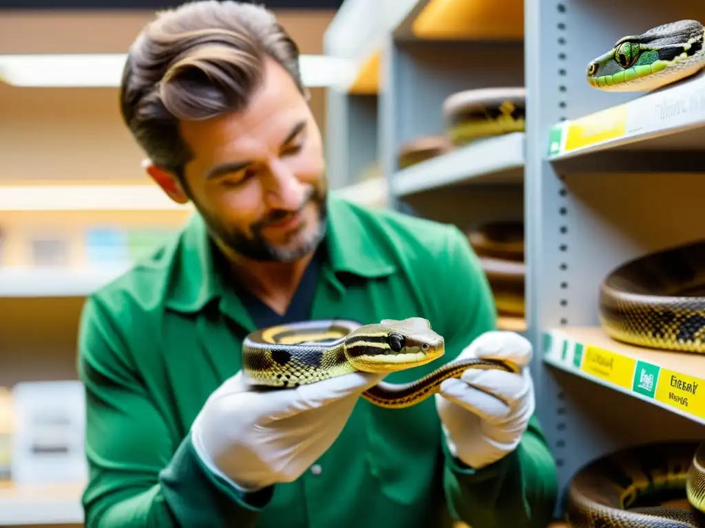 Un propietario de reptiles cuidadosamente maneja una serpiente, rodeado de libros y materiales educativos