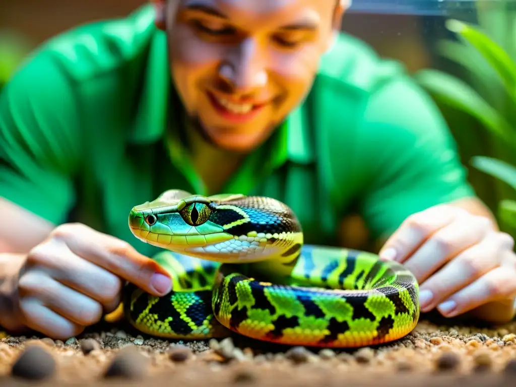 Propietario de reptiles ajusta terrario para su serpiente vibrante