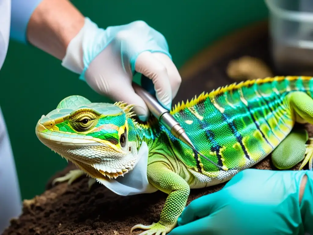 Veterinario implanta una prótesis en reptil con cuidado y precisión, destacando la innovación en la implantación de prótesis en reptiles