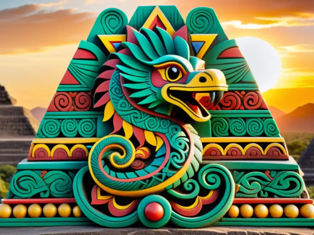 Quetzalcóatl, la Serpiente Emplumada, tallada en piedra con colores vibrantes y detalles intrincados, envolviendo una pirámide al atardecer