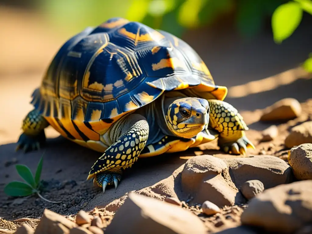 Una radiada tortuga reposa en su hábitat natural, mostrando sus patrones y colores