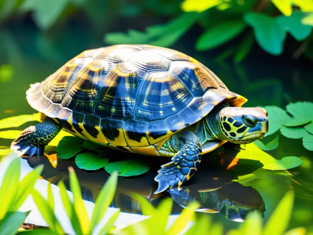 Radiotransmisor en tortuga en humedal exuberante, destacando rastreo satelital conservación reptiles con patrón de caparazón y movimiento fluido