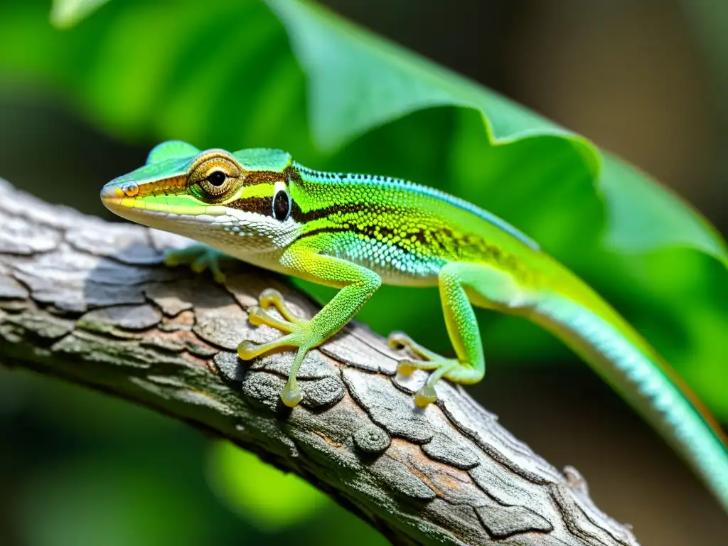 Un anolis verde se aferra a una rama, sus escamas brillan bajo la luz del bosque