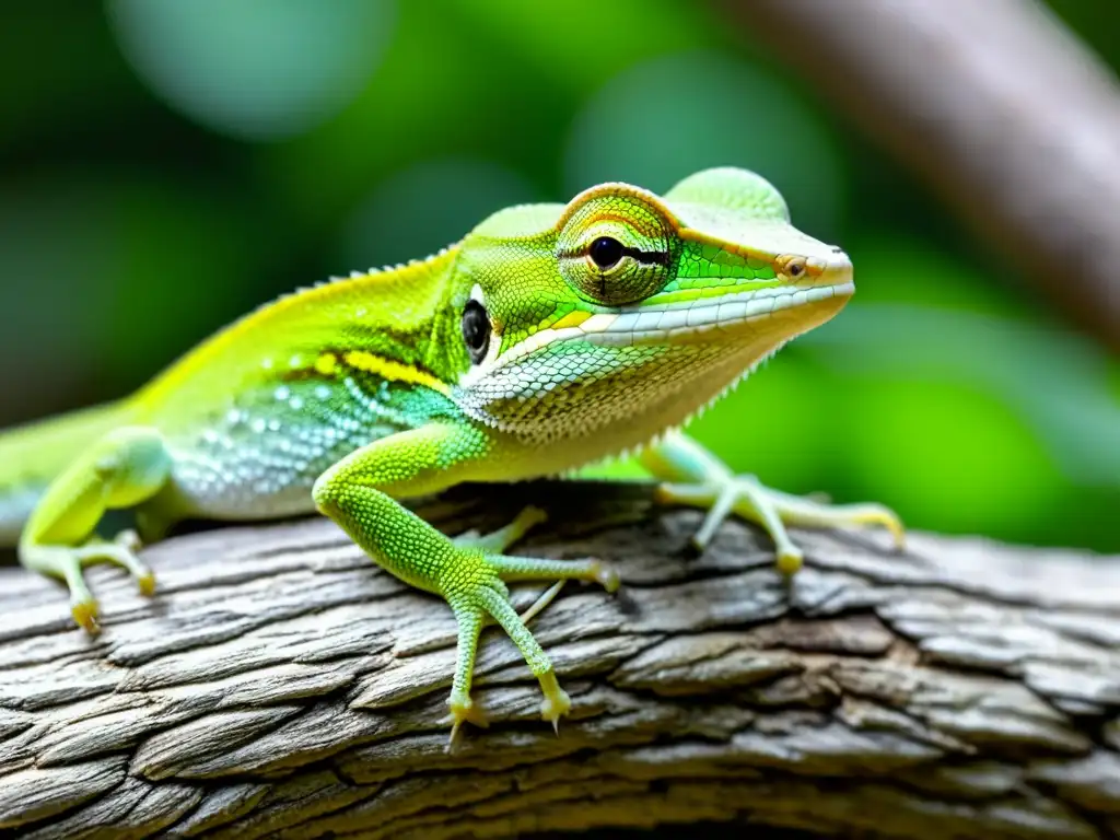 Un anolis verde se aferra a una rama, con escamas y ojos detallados, mostrando adaptación genética de reptiles al cambio climático